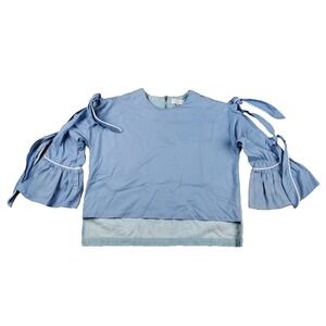 Ci‎ Ci Tie Sleeve Bell Sleeve Blouse Women's M Blue Ruffle Boho Statement Top